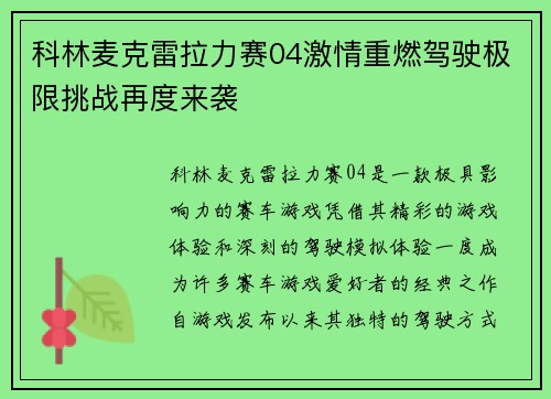 科林麦克雷拉力赛04激情重燃驾驶极限挑战再度来袭